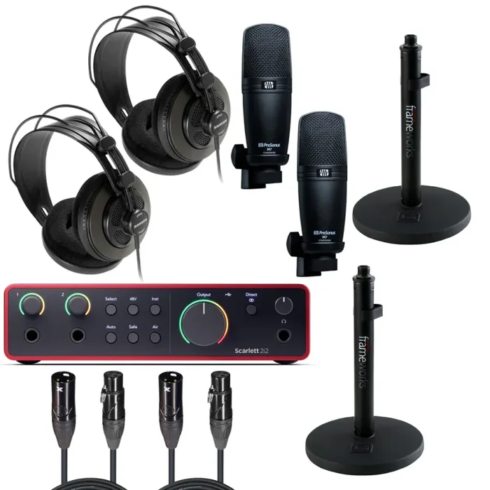Focusrite Scarlett 2i2 4th Gen Audio Interface Speaker Package with Cardioid Microphone/Stand, Headphones and Cable