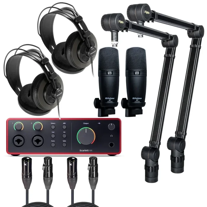 Focusrite Scarlett 4i4 4th Gen Audio Interface Package with Cardioid Microphone/Stand, Headphones and Cable