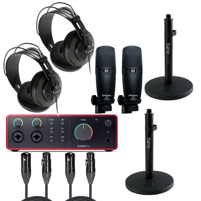 Focusrite Scarlett 4i4 4th Gen Audio Interface Package with Cardioid Microphone/Stand, Headphones and Cable