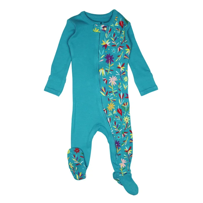 Footie (Zipper) – Teal Floral Embroidered