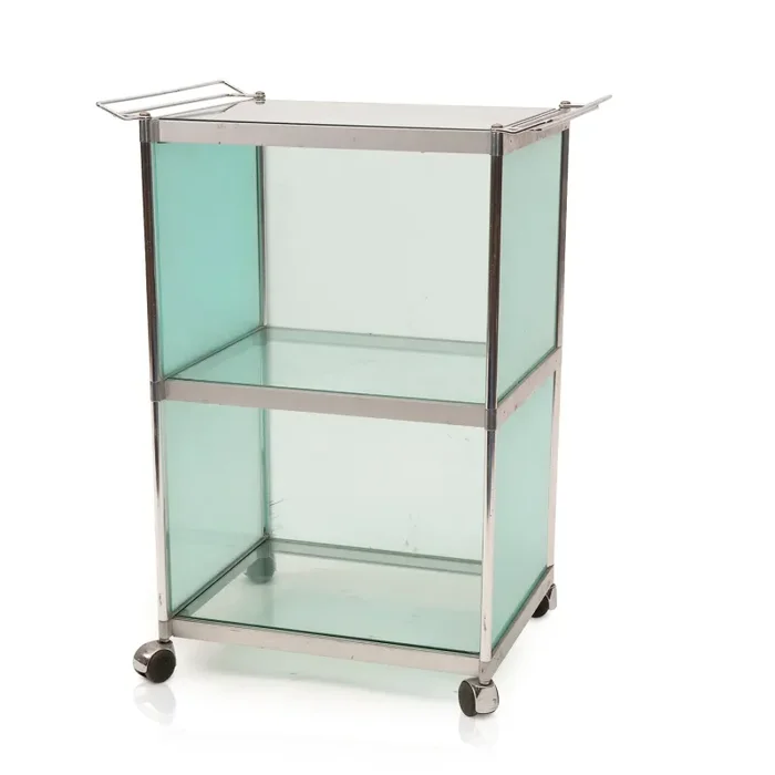 Frosted Pale Green Glass + Metal Rolling Cart