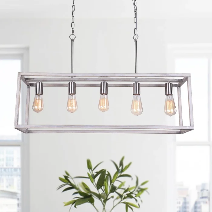 Ginnie Imitation Wood White Oak 5-Light Linear Chandelier with Silver Outer Cage