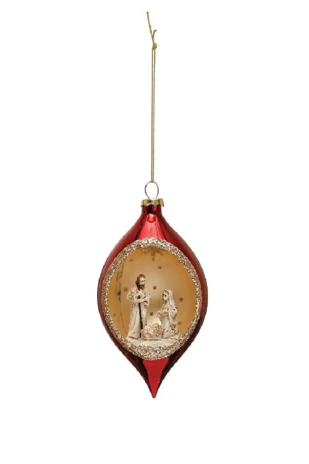Hand-Painted Glass Diorama Finial Ornament w/ Holy Family 5 1/2″