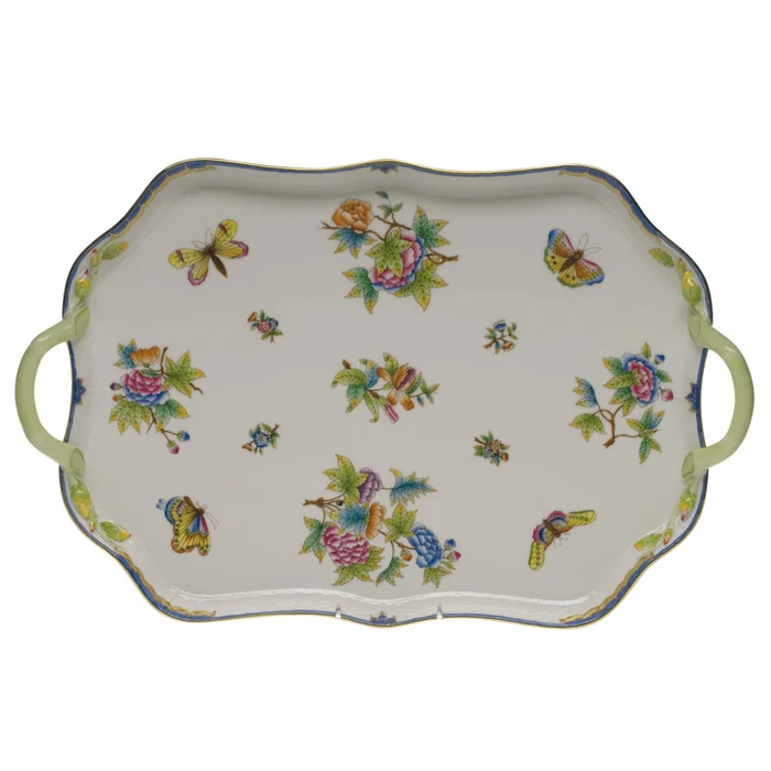 Herend Queen Victoria Blue Border Rectangular Tray With Branch Handles