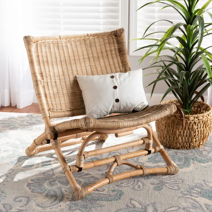 Herrara Modern Bohemian Natural Brown Antique Rattan Foldable Lounge Chair