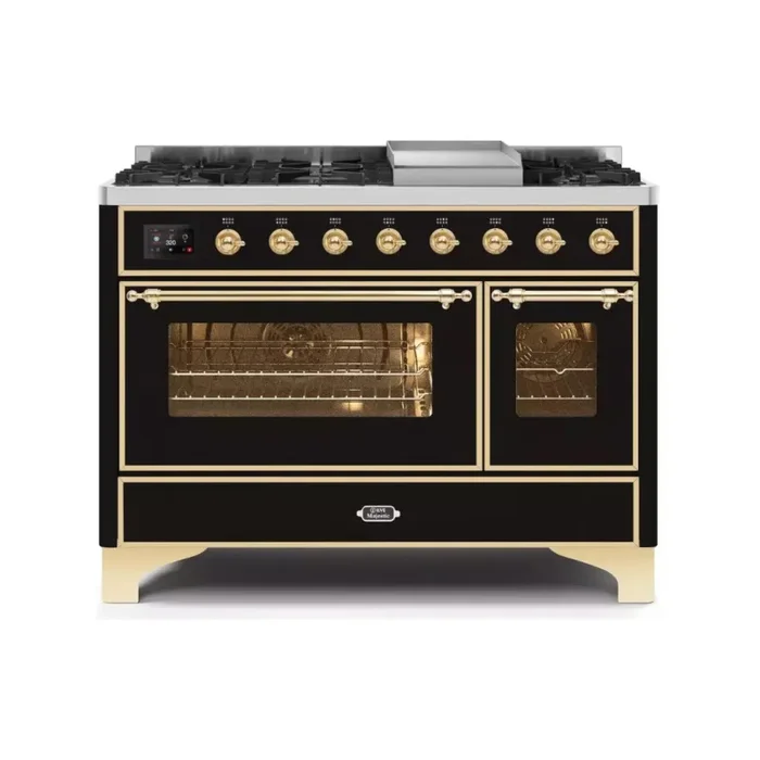 Ilve Majestic II Collection UM12FDNS3BKG 48 Inch Freestanding Dual Fuel Range with 8 Sealed Burners, Double Oven, 5.02 Cu. Ft. Total Capacity, Warming Drawer, Self-Clean, Fast Pre-Heat, Interchangeable Griddle, Glossy Black, Brass Trim