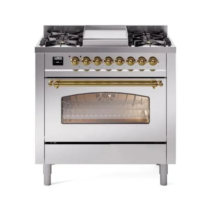 Ilve Nostalgie II Collection UP36FNMPSSGLP 36 Inch Freestanding Dual Fuel Range with 6 Sealed Burners, 3.5 cu. ft. Oven Capacity, Storage Drawer, Quick Start, Soft Closing Door and Griddle: Stainless Steel, Brass Trim
