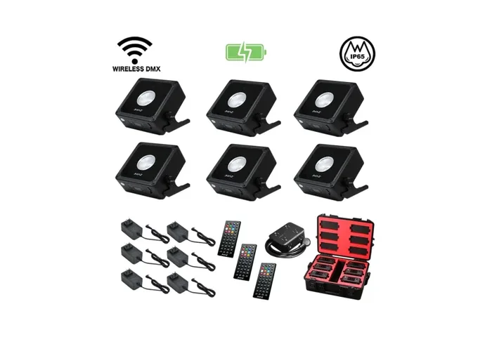 JMAZ MAD PAR BULLS IP 6PK, 20-Watt RGBAL+C LED Battery Powered Outdoor Uplight Kit