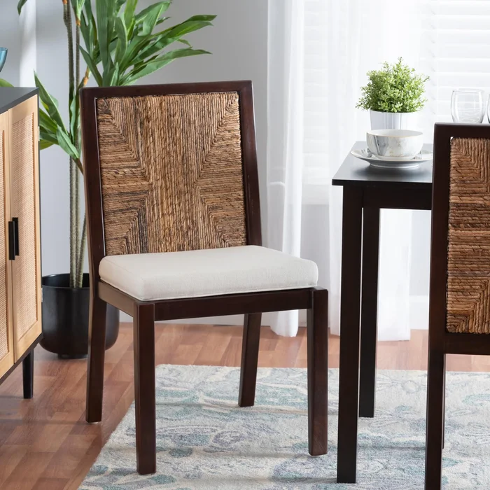 Joana Modern Bohemian Dark Brown Mahogany Wood and Natural Abaca Dining Side Chair