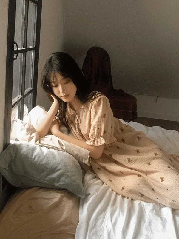 JUUNEEDU J’eu Romantic Mandy Bear Crinkled Cotton Short-Sleeve Pajama Set