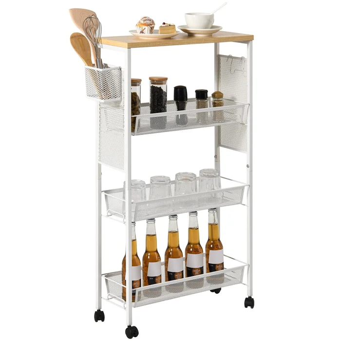 Kleio Wood Rolling Kitchen Cart with Wooden Tabletop and Mesh Baskets