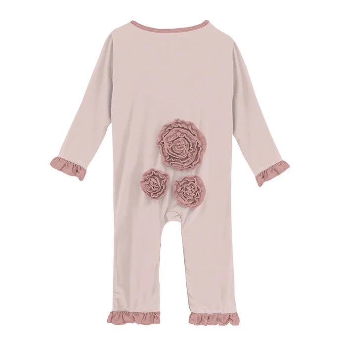 Last One – Size 12/18M: Long Sleeve Dhalia Flower Romper – Baby Rose with Antique Pink