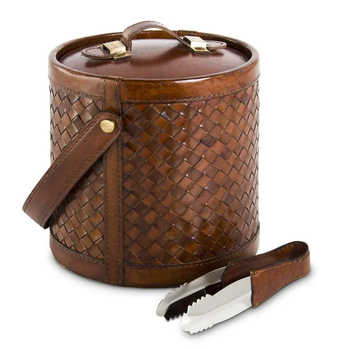 Leather Basket Weave Ice Bucket With Tongs