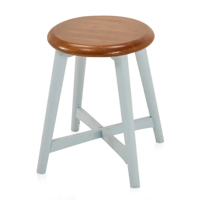 Light Blue Base Wood Top Short Stool