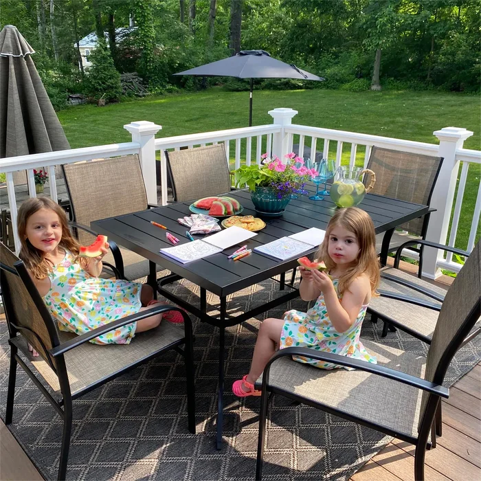 MAISON ARTS Patio Dining Set 7 Pieces with 1 Rectangle Metal Table and 6 Textilene Chairs