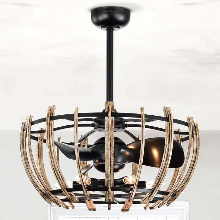 Matthias 26-inch Matte Black and Imitation Wood 6 Lights 3 Blades Lighted Ceiling Fan with Remote