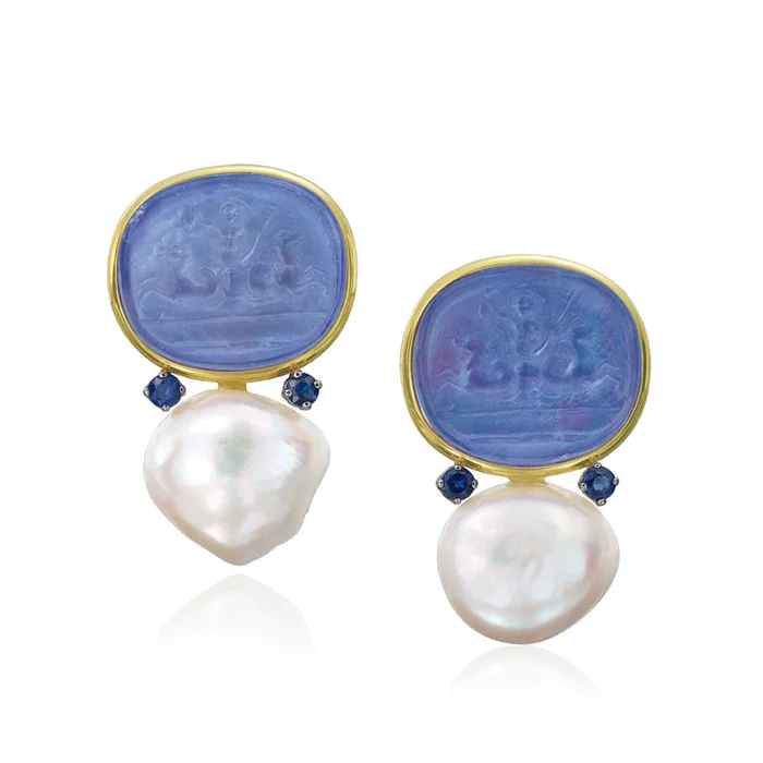 Mazza Venetian Glass Blue Sapphire/Pearl Earrings
