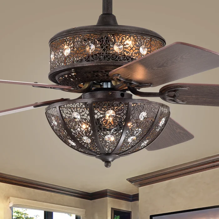 Milly Antique Bronze 52-Inch 5-Blade Flower Pattern Metal/Crystal Lighted Ceiling Fan