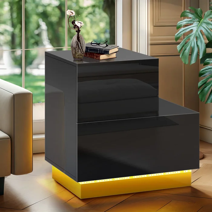 Moasis 2-Drawer Nightstand Beside Bed Table with LED Lights High Gloss