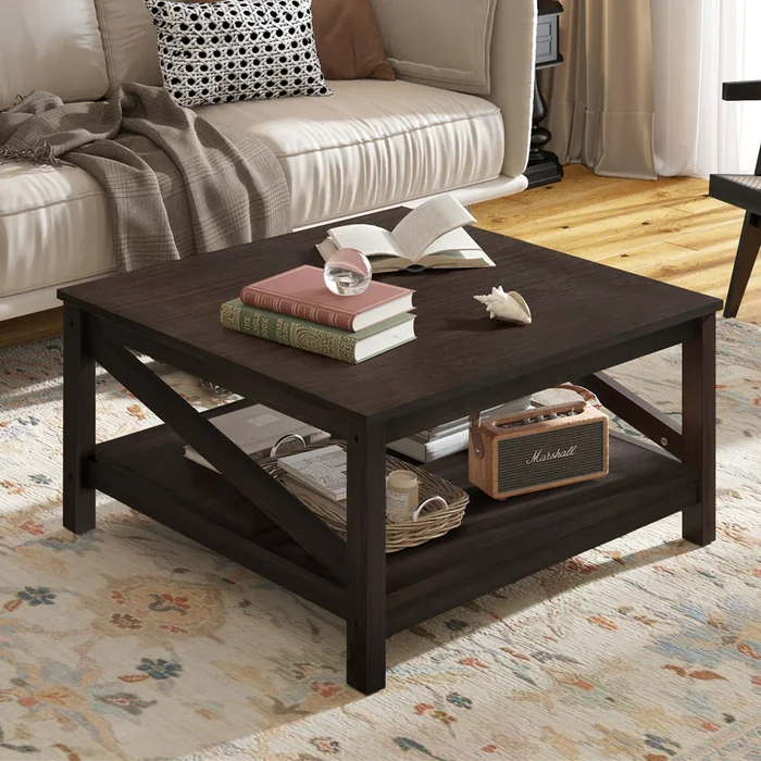 Moasis 2-Tier Square Coffee Tables with Shelf Center Table for Living Room