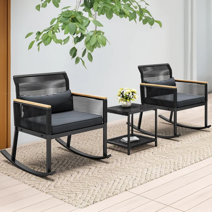 Moasis 3-Piece Patio Wicker Rocking Chair Outdoor Conversation Bistro Set – 3PCS