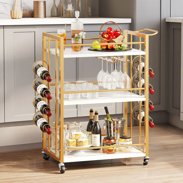 Moasis 3-Tier Rolling Bar Cart Mobile Serving Cart on Wheels with Wine Rack Glasses Holder