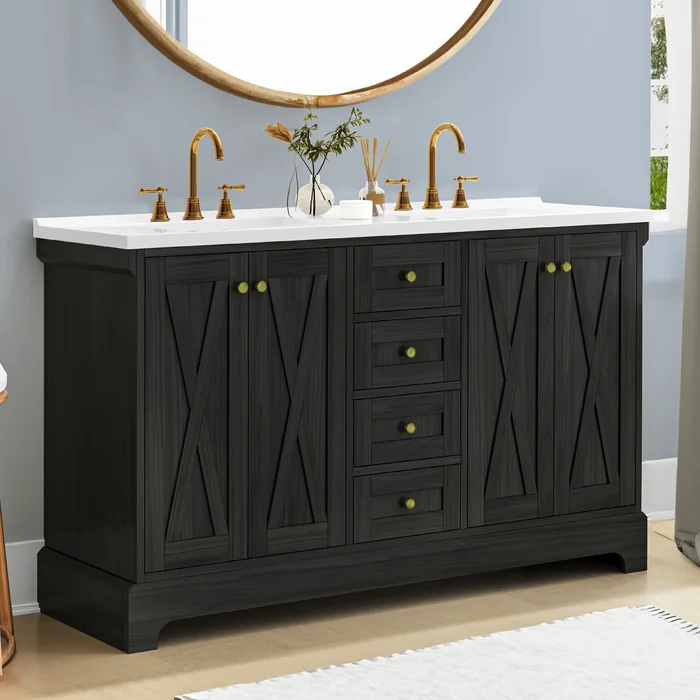 Moasis 58″ Farmhouse Double-sink Bathroom Vanity with 2 Cabinets, 4 Drawers, 2 Barn Doors