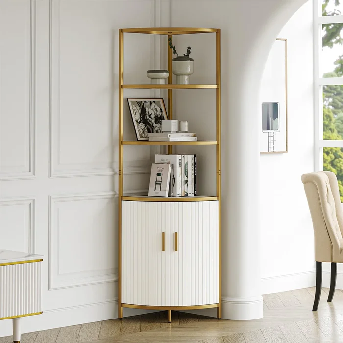 Moasis 6 Tier Corner Bookshelf Bookcase Display Shelf with Storage Cabinet and Glass Shelf