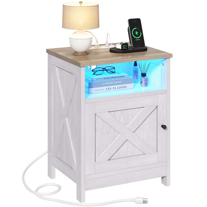 Moasis Farmhouse X-Design LED Nightstand with Charging Station End Side Table