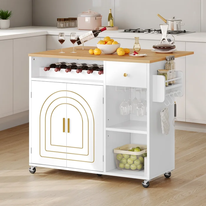 Moasis Kitchen Storage Island with Folding Drop Leaf and Drawer Open Shelves