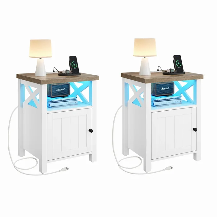 Moasis LED End Table with Charging Station Side Table with Storage Set of 2