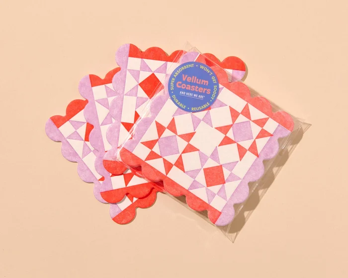 Mod Quilt Scalloped Vellum Coasters – Red/Lilac (Set of 4)