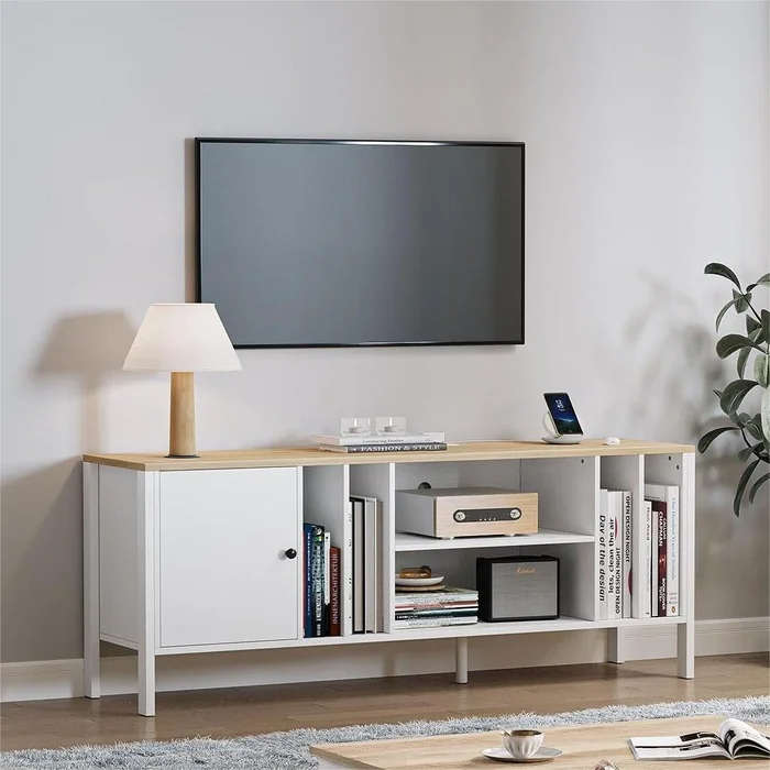 Modern 65-inch TV Stand with Open Shelves and Power Strip USB Ports