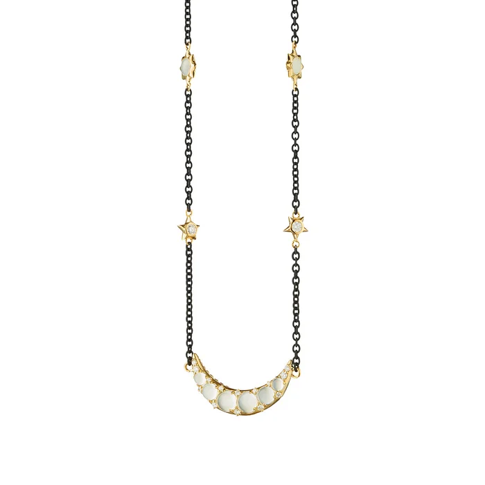 Monica Rich Kosann Single Row 18″ Black Steel Chain W/18K Large Star Bezel, Small Star Bezel, Round Bezel Accents And Large Moonstone And Diamond Moon Pendant