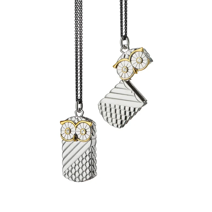 Monica Rich Kosann Sterling Silver Owl Vesta Case W/18K Yellow Gold Accents And White Sapphire Eyes On 32″ Double Black Steel Chain