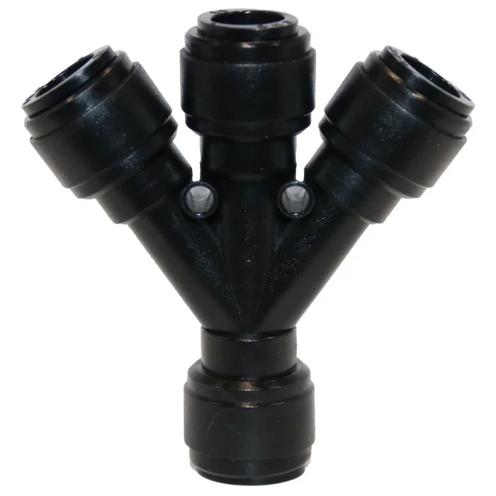 NeoFit Acetal Black Three Way Divider 1/2″ tube x 1/2″ tube