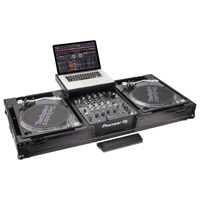 Odyssey FZGSLBM12WRBL Black Low Profile 12″ Format DJ Mixer and Two Battle Position Turntables Flight Coffin Case with Wheels and Glide Platform
