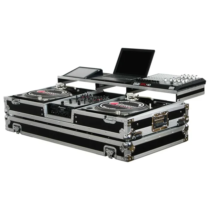 Odyssey FZGSPBM10W Universal 10″ Format DJ Mixer and Two Battle Position Turntables Flight Coffin Case with Full Glide Platform