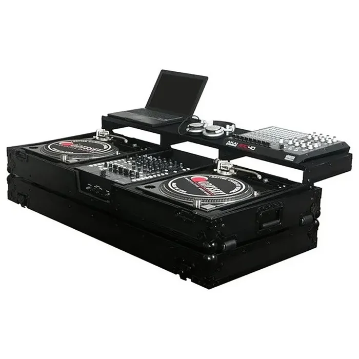 Odyssey FZGSPBM12WBL, Universal Black 12″ DJ Mixer and Two Battle Position Turntables Flight Coffin Case with Full Glide Platform