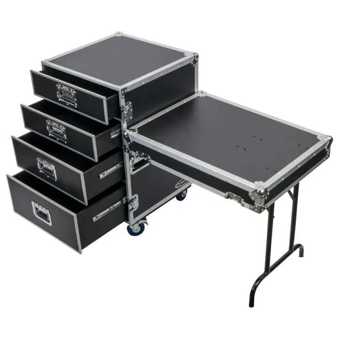 Odyssey FZWB4WDLX DJ Flight Case for Deluxe Four Drawer Workbox Tour with Casters And Side Table