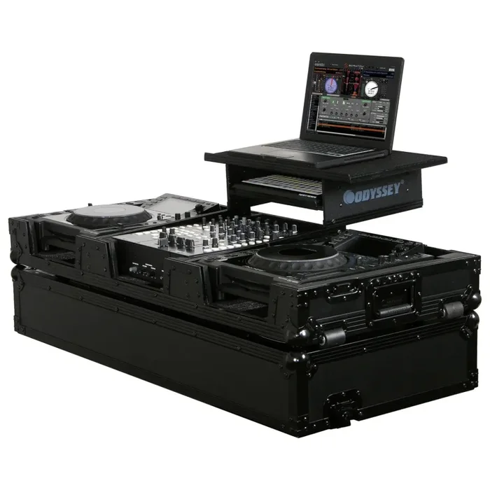 Open Box: Odyssey FZGS12CDJWBL 12″ Format DJ Mixer and Two Large Format Media Players Coffin Flight Case with Glide Platform – Black
