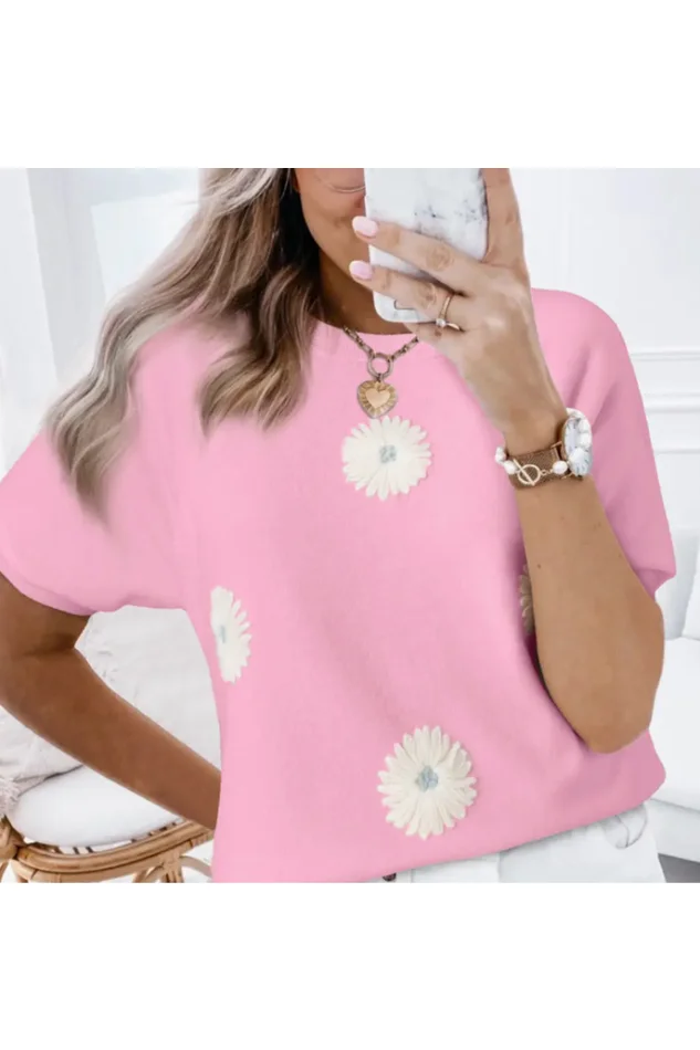 PINK FLOWER SHORT SLEEVE KNIT TOP