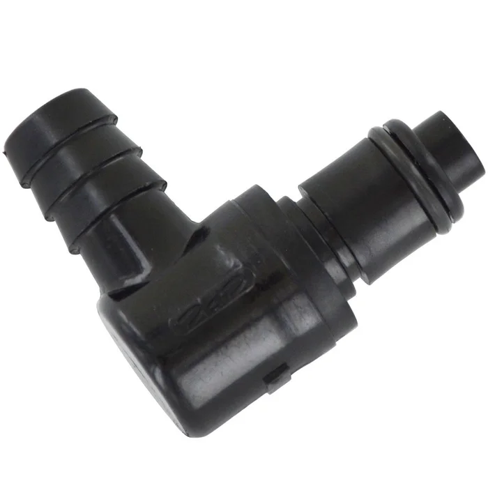 PLCD23006VBLK Valved Black Elbow Hose Barb Coupling Insert 3/8 ID Barb FKM (Viton) O-rings