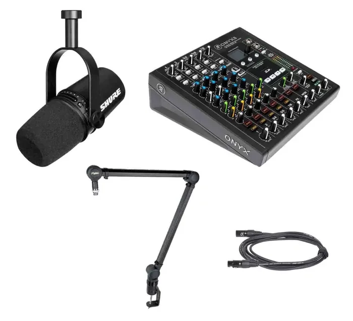 Podcast MV7-K Pro DJ Package with Mackie Onyx8 USB Recording Mixer and Sierra Desktop Boom Stand