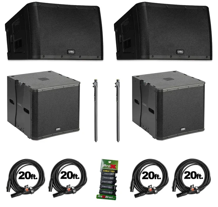 QSC KLA12 Line Array Loudspeaker Package with Subwoofer, Speaker Pole, Microphone Cables and Ties