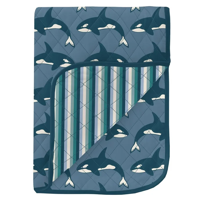 Quilted Stroller Blanket – Parisian Blue Orca + Dino Stripe