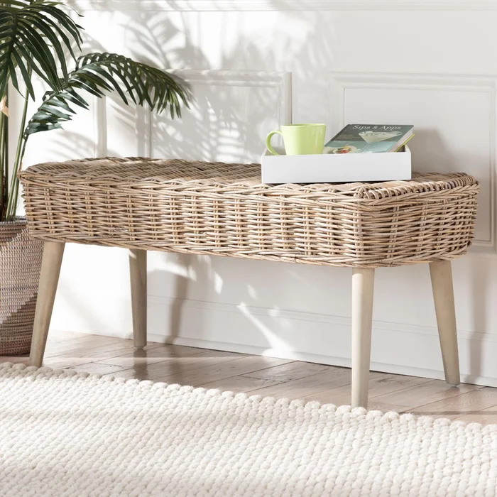 Raisa Modern Bohemian Natural Kubu Rattan and Grey Acacia Wood Accent Bench