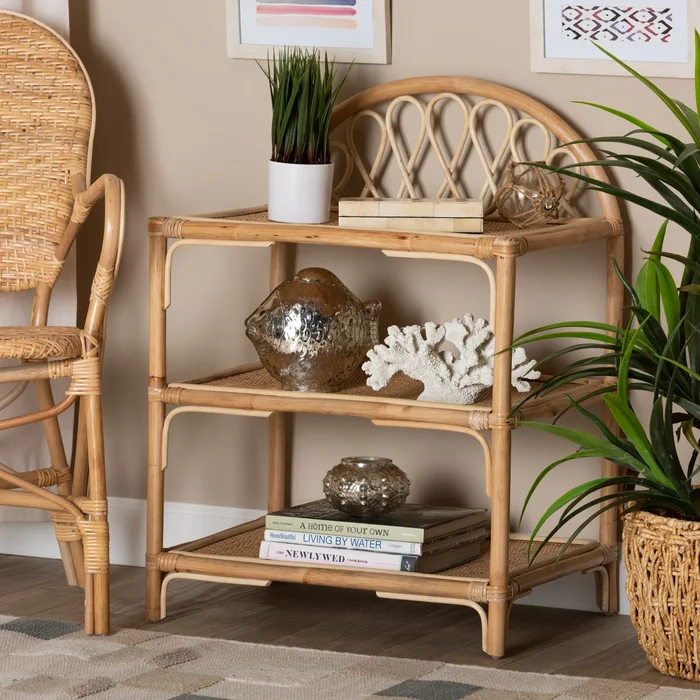 Redell Modern Bohemian Natural Brown Rattan 3-Tier Display Shelf
