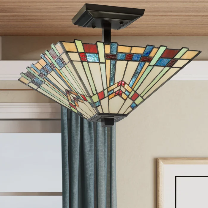 River of Goods Orson Stained Glass 16-inch Semi-Flushmount Ceiling Light – 16″ x 16″ x 9.5″