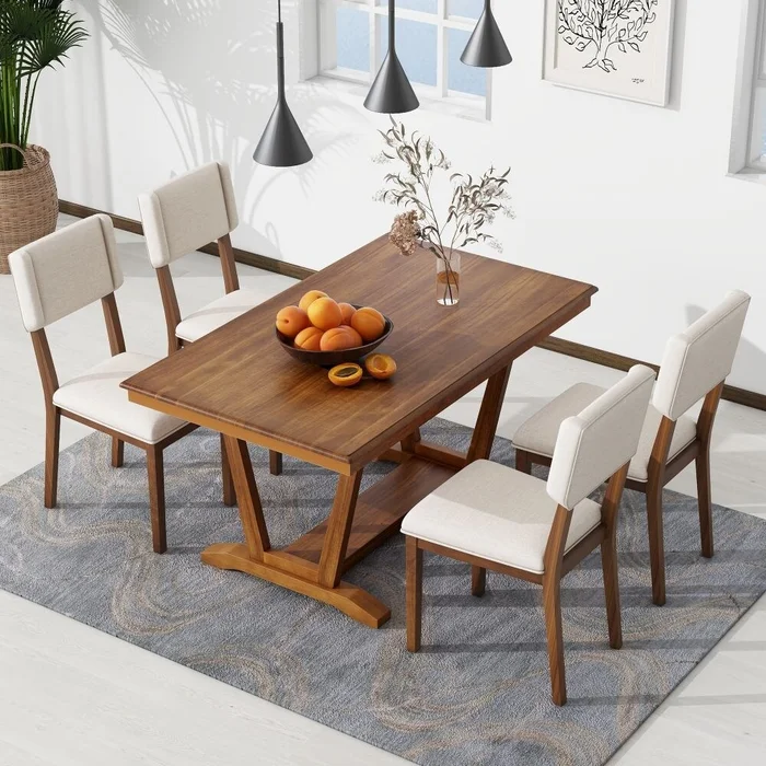 Rustic 5-piece Dining Table Set with 4 Upholstered Chairs